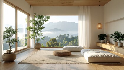 Japandi interior with indoor plants, biophilic touch, natural light, minimalist decor, realistic home scene