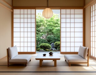 Japandi interior with tatami-inspired elements, simple furniture, natural textures, soft indirect lighting, realistic indoor scene