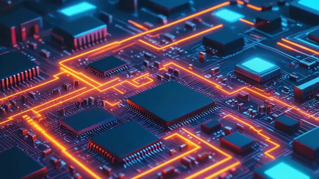 Close-up macro of a green computer circuit board, highlighting the intricate digital technology and electronic components like chips and resistors on the mainboard 4k abstract background