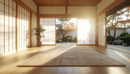 Japandi home interior at golden hour, warm sunlight, soft shadows, natural materials, cinematic yet realistic lighting