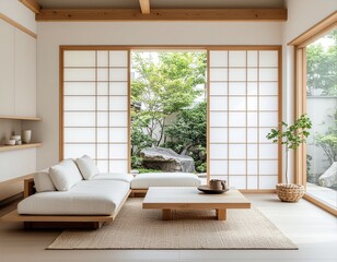 Japandi home interior, minimalist living room, natural wood furniture, white and beige palette, soft natural daylight, calm zen atmosphere, realistic interior photography