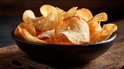 A bowl of crispy potato chips is placed on a wooden surface. Friends enjoy the snack together sharing laughter and conversation during the evening.