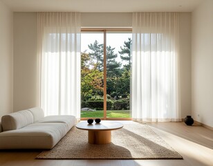 Japandi interior with floor-to-ceiling curtains, soft sunlight, minimalist furniture, calm modern zen atmosphere
