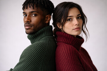 Portrait of a stylish multi-ethnic couple standing back-to-back in cozy knitted turtleneck sweaters against a neutral studio background, looking at the camera with a confident expression.