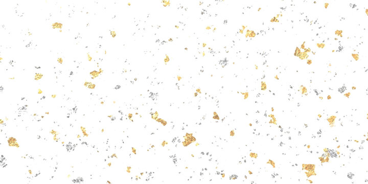 Scattered gold and silver confetti on a clean white background creating a festive texture