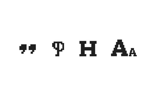 Pixelated quotation marks, phi symbol, H, and Aa characters on a white background