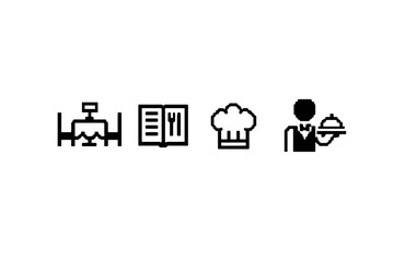 Restaurant service icons: dining table, menu, chef hat, and waiter with tray