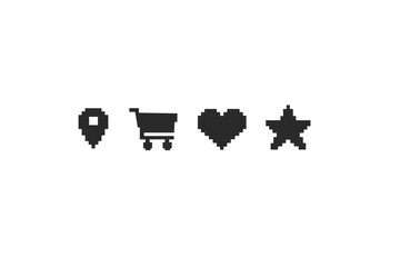 Pixel art icons for location, shopping cart, heart, and star on a white background
