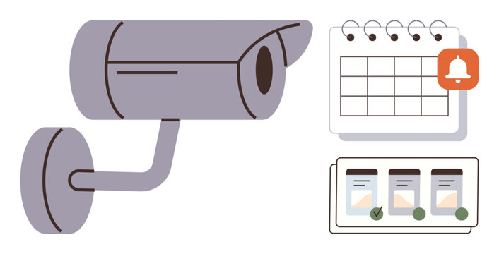 Security camera beside a calendar with a notification icon and task list. Ideal for security, organization, schedule tracking, reminders, event management, digital alerts, simple flat metaphor