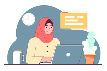 muslim woman in hijab working in an office with a laptop