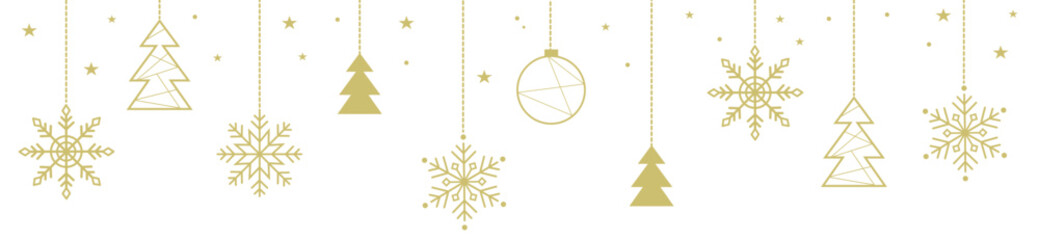 Christmas and New Year garland with golden balls, snowflakes and Christmas tree on the transparent background. 
