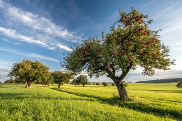 Fruit Trees in a Green Field Under a Clear Sky in the Afternoon