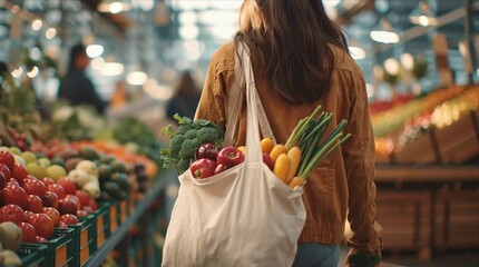 Shopping for fresh vegetables and fruits at a local market with a canvas bag