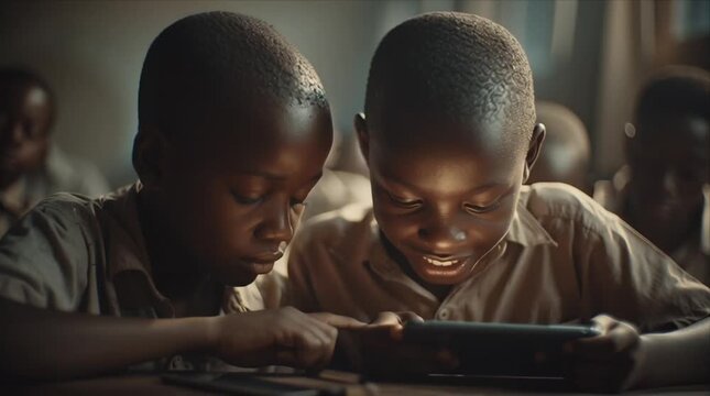 Two children share a phone while sitting in a classroom during the afternoon