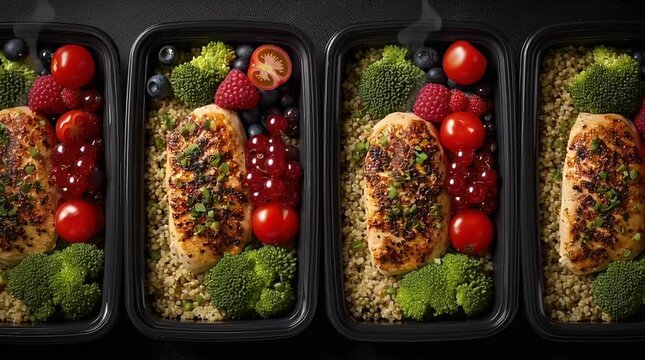 Meal prep with grilled chicken, vegetables, and quinoa in small containers for a healthy diet