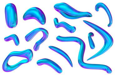 3d set neon abstract liquid figure. Holographic fluid y2k elements, shapes. Stock vector illustration on isolated background.