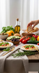 Lifestyle Mediterranean Dining Scene with Hand, Olive Oil & Bread &ndash; Soft Natural Light, Blurred Area