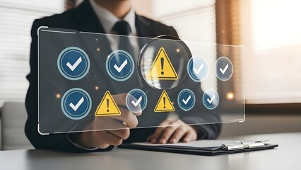 Businessman interacting with transparent digital screen displaying security and verification icons