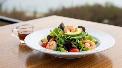 Shrimp salad served on a white plate with a cup of dressing
