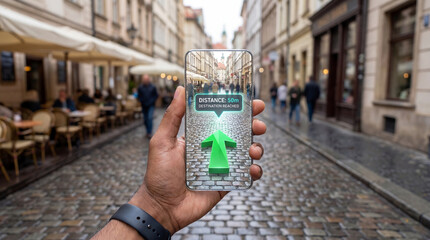 Guiding Urban Exploration: A person's hand holds a smart phone, the screen displaying directions on a historical street. the scene merges technology with the charm of an old town.