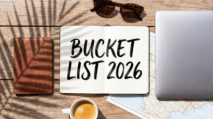 Bucket List 2026: An invitation to dream, travel, and explore. A motivational scene featuring a bucket list, map, and sunglasses, evokes wanderlust and the promise of a year filled with adventure.