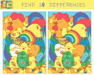 Find the differences game. Rooster, hen, chicks with Easter eggs. Sketch vector illustration.
