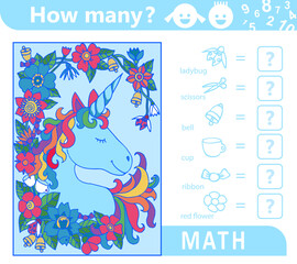 Unicorn with flower frame. Counting math game for kids. Educational mathematics puzzle. Count how many objects are in the picture and write the result. Sketch vector illustration