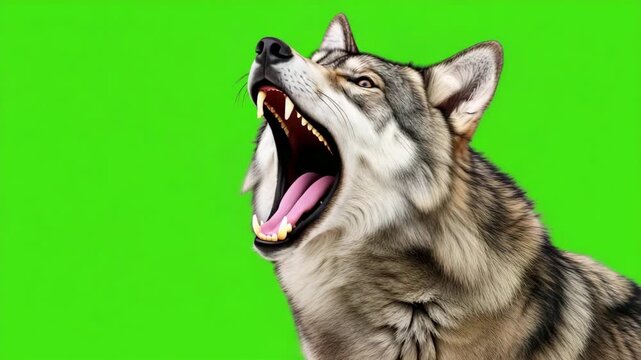Realistic Gray Wolf Growling and Howling on Green Screen, AI Generated Wild Animal Chroma Key Video