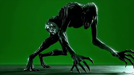 Creepy creature moves in a dark space with green backlight during a film project on a set