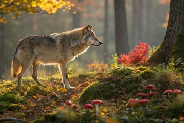 Fototapeta premium Wolf Walking Through a Forest With Colorful Leaves and Mushrooms