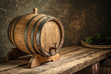 Wooden Barrel Sits on Table With Grapes and Rustic Wall in Background
