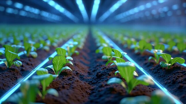 Growing lettuce in a hydroponic farm with high-tech lighting and controlled environment