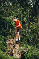 Obraz premium Child Exploring Fallen Tree Trunk in Forest