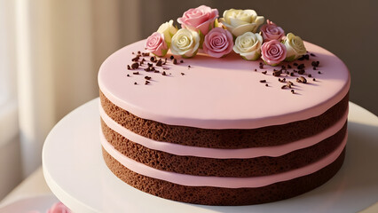 Valentine&rsquo;s Day cake ideas with chocolate sponge layers, pink frosting, buttercream roses, and chocolate shavings on white stand