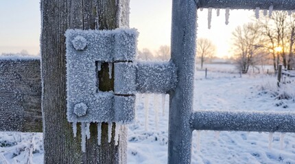 Icy gate hinge covered in frost with frozen elements and morning light shining through cold landscape. Icy details enhance winter scene, perfect for winter-themed content or seasonal decor.