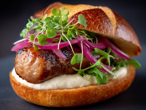 Gourmet sausage sandwich resting on dark surface