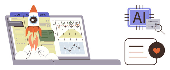 Fototapeta premium Rocket launching from productivity charts on a laptop, highlighting AI module, analytics, and development goals. Ideal for innovation, growth, productivity, tech data planning AI. Simple flat