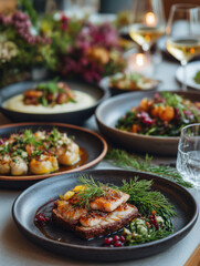 Gourmet fish entree served at fine dinner celebration