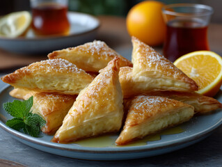 Golden phyllo pastry triangles with powdered sugar and honey