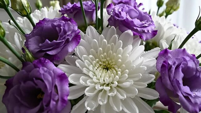 A vibrant and elegant floral arrangement featuring a stunning mix of rich purple lisianthus and delicate white chrysanthemums beautifully presented as a thoughtful gift or decorative centerpiece for . - Powered by Adobe