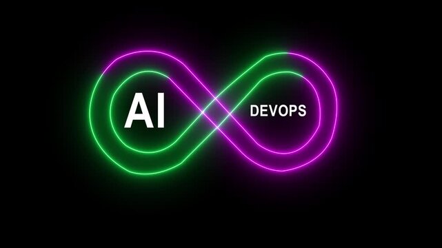 Futuristic AI and Dev Ops infinity symbol glowing blue on a digital circuit board background Artificial Intelligenc 4k video...