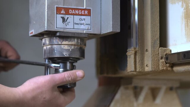 Focused Technician Employs Wrench To Precisely Secure Spindle Collet In Dusty Workshop Environment . Media