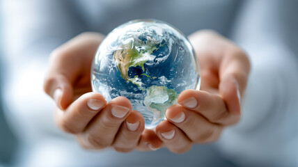 Hands cradle a translucent globe, symbolizing care for the planet and interconnectedness. The Earth shines, promising future for all.