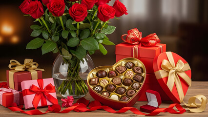 Valentine&rsquo;s Day celebration scene with roses, wrapped gifts, and heart-shaped sweets in a warm indoor setting