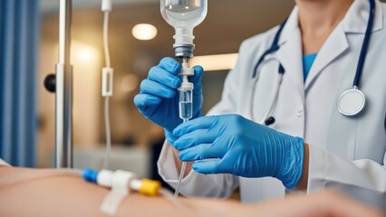 Medical professional preparing intravenous drip for patient in hospital setting treatment