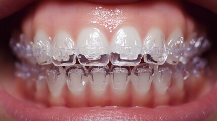 This image features a close-up view of teeth fitted with clear braces, showcasing orthodontic treatment. The translucent brackets offer a discreet option for aligning teeth, popular for aesthetic purp