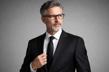 Confident Mature Businessman in Black Suit and Glasses. Professional Senior Executive Portrait: Thoughtful Leader with Grey Hair and Beard.
