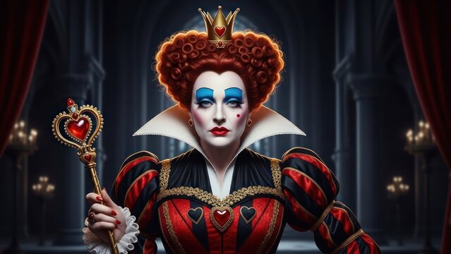 Majestic Red Queen portrait with heart motif in dark fantasy palace background