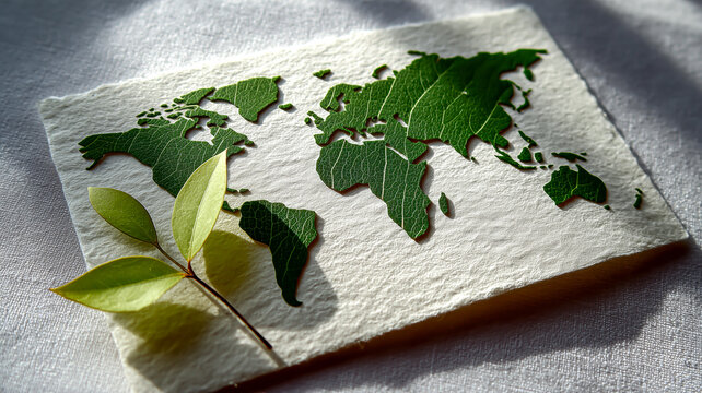 World map made of green leaves on textured paper, symbolizing environmental awareness and global sustainability efforts. 
