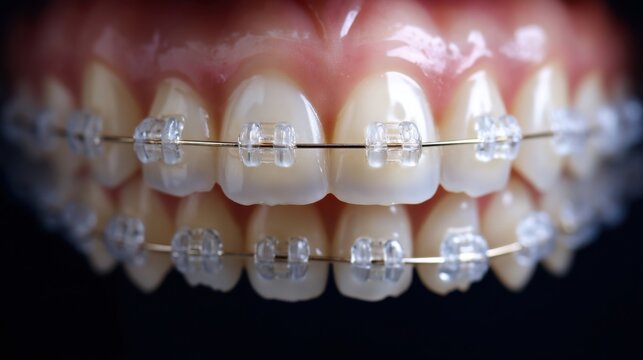 Detailed close-up image of teeth fitted with ceramic braces. The image showcases the transparent quality of the braces and the alignment process, highlighting modern orthodontic technology.